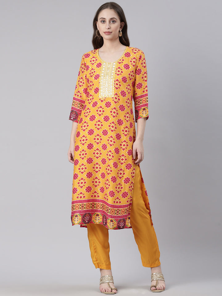 Neerus Mustard Printed Straight Kurta and Trousers