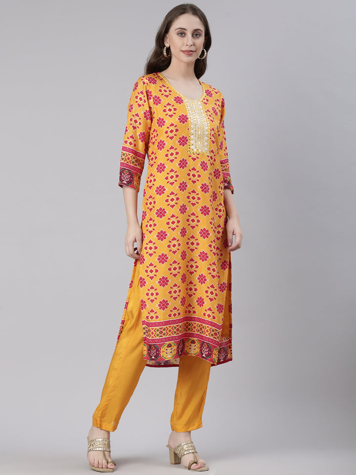 Neerus Mustard Printed Straight Kurta and Trousers