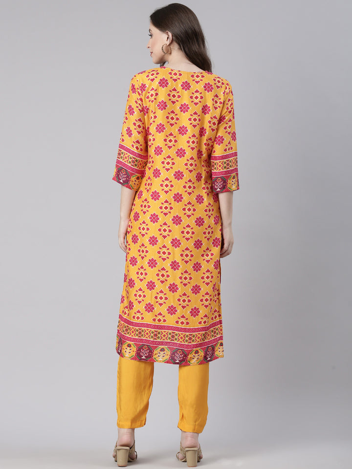 Neerus Mustard Printed Straight Kurta and Trousers