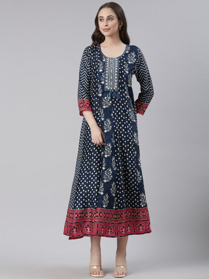 Neerus Blue Casual Floral Maxi Dresses