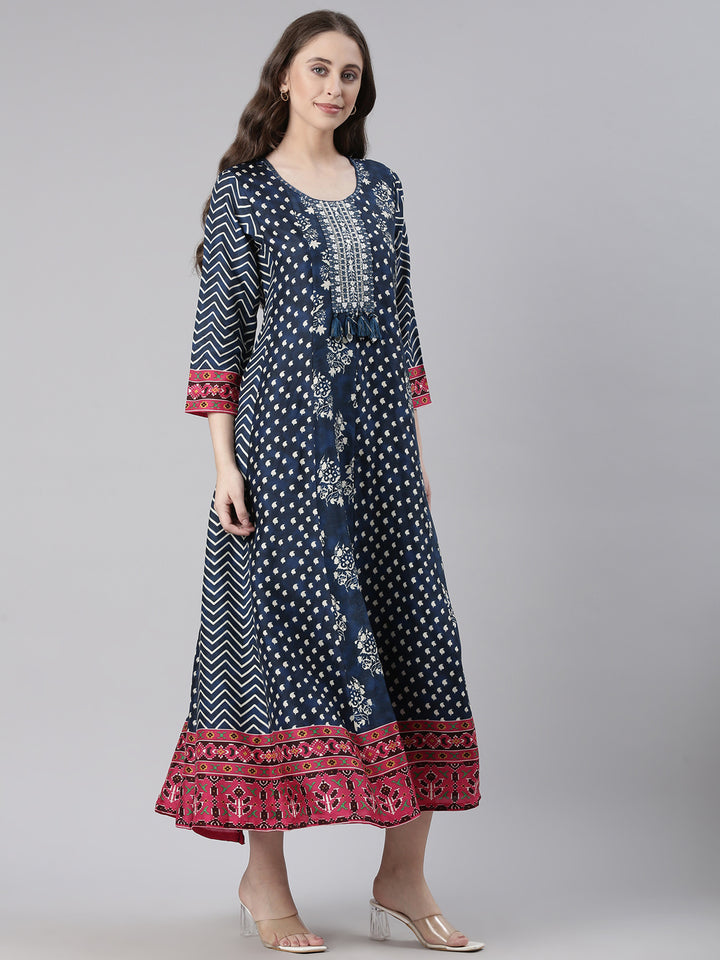 Neerus Blue Casual Floral Maxi Dresses