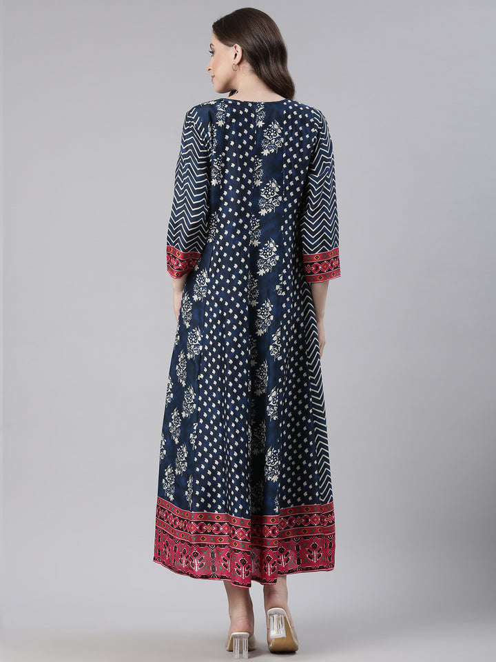 Neerus Blue Casual Floral Maxi Dresses