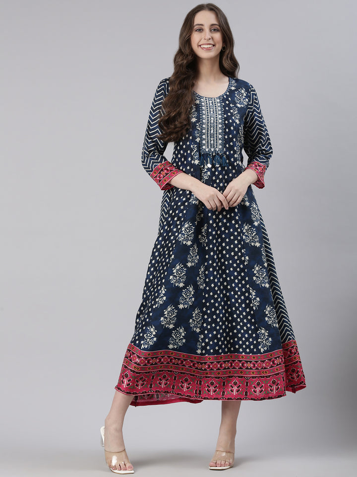 Neerus Blue Casual Floral Maxi Dresses