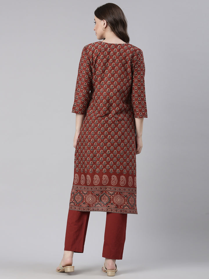 Neerus Maroon Printed Straight Kurta and Trousers