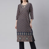 Neerus Navy Blue Printed Straight Kurta and Trousers