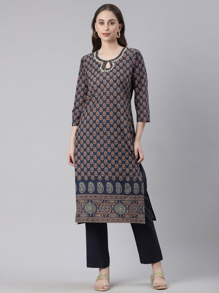 Neerus Navy Blue Printed Straight Kurta and Trousers