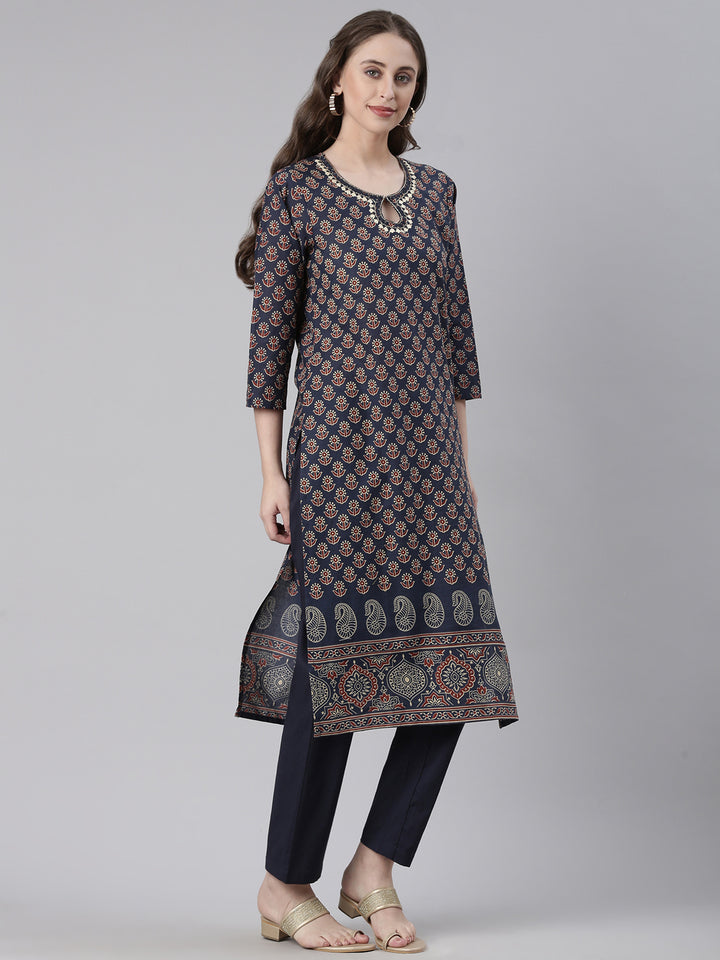 Neerus Navy Blue Printed Straight Kurta and Trousers