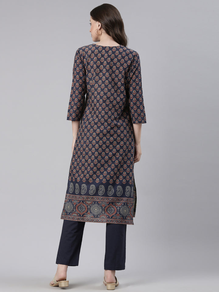 Neerus Navy Blue Printed Straight Kurta and Trousers