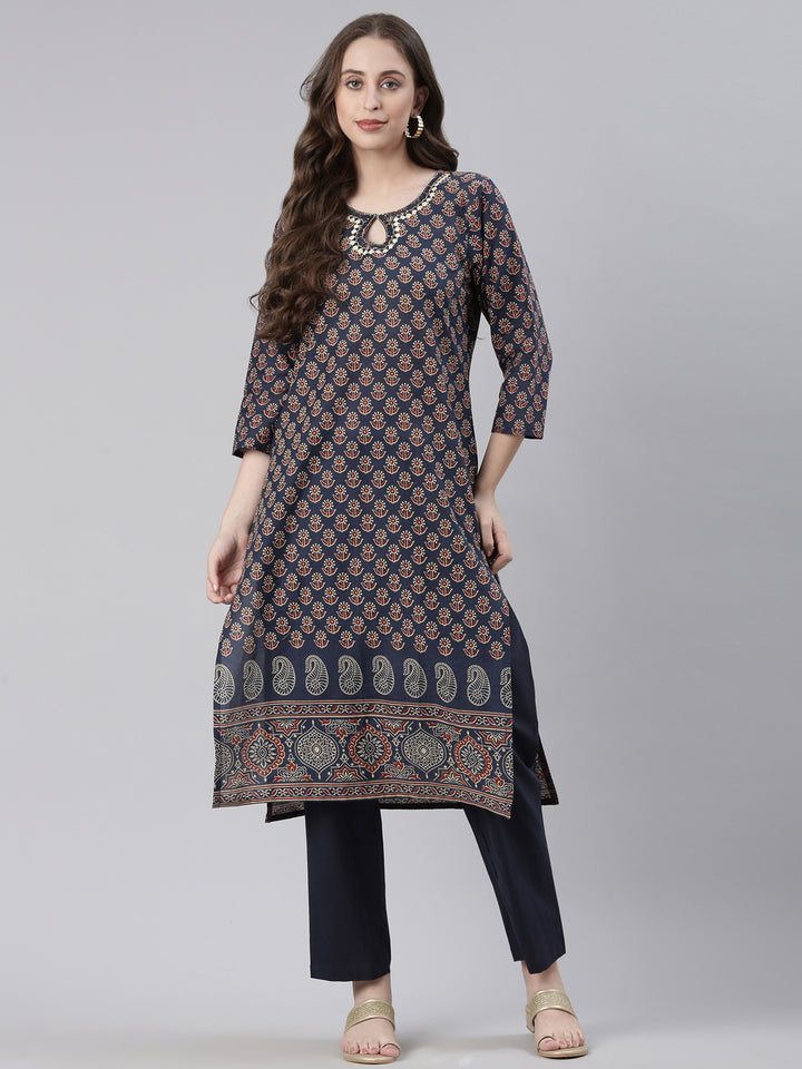 Neerus Navy Blue Printed Straight Kurta and Trousers