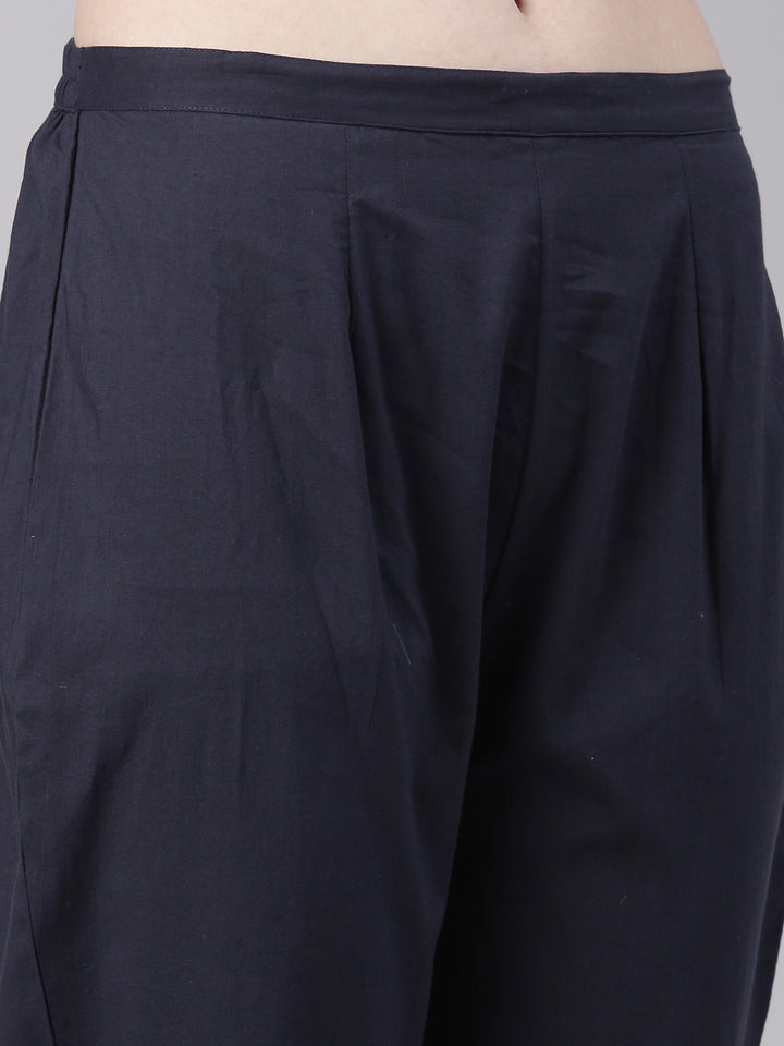 Neerus Navy Blue Printed Straight Kurta and Trousers