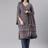 Neerus Blue Printed Straight Kurta and Trousers With Dupatta