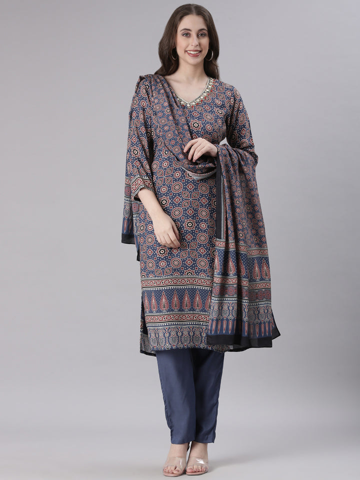 Neerus Blue Printed Straight Kurta and Trousers With Dupatta
