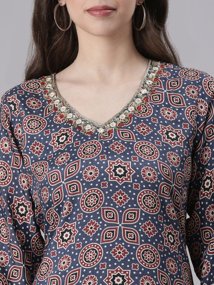 Neerus Blue Printed Straight Kurta and Trousers With Dupatta