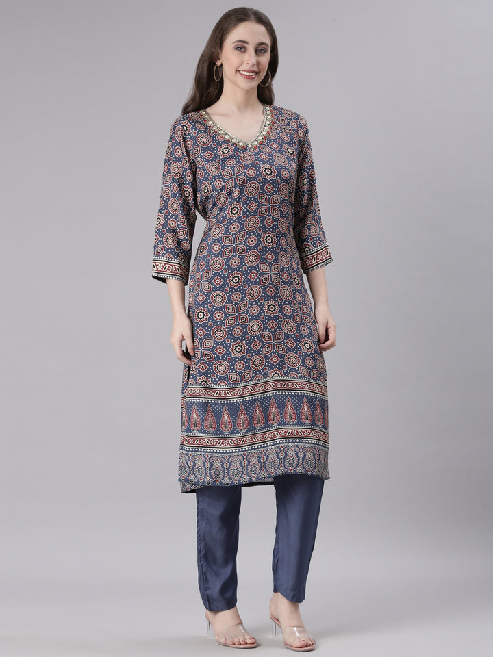 Neerus Blue Printed Straight Kurta and Trousers With Dupatta