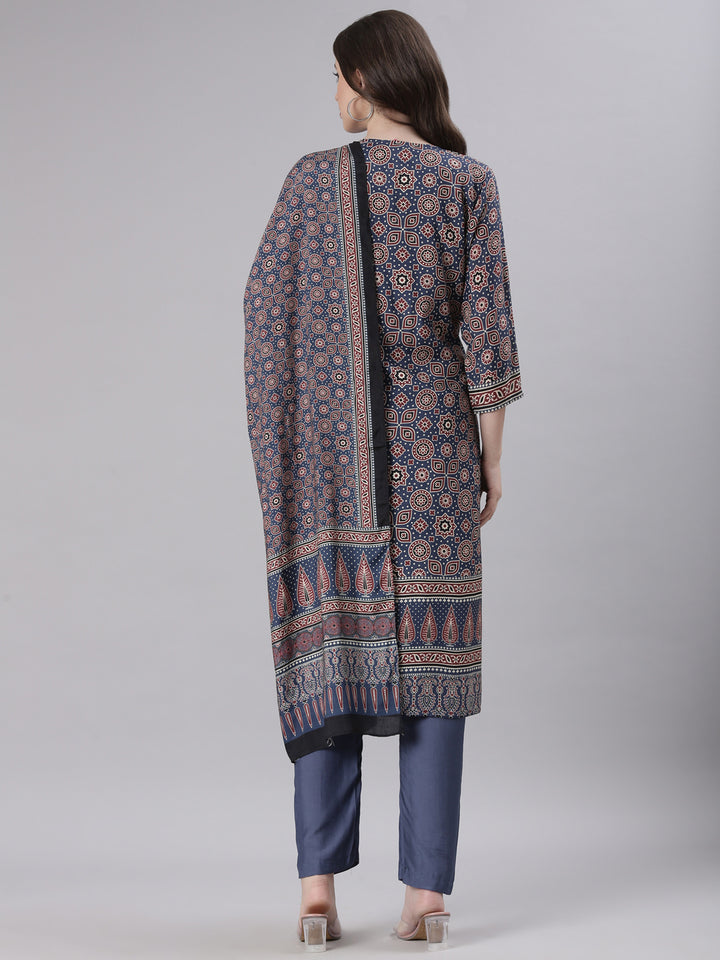 Neerus Blue Printed Straight Kurta and Trousers With Dupatta