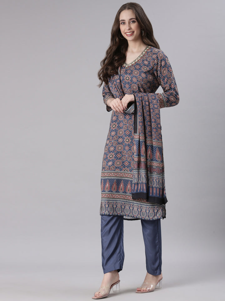 Neerus Blue Printed Straight Kurta and Trousers With Dupatta