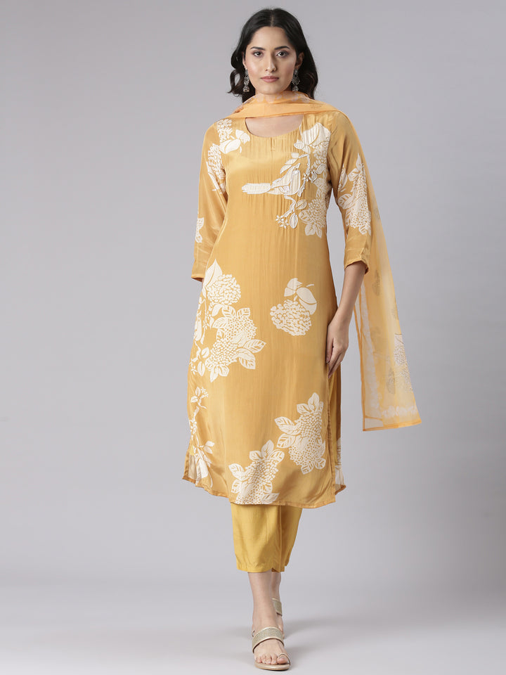 Neerus Mustard Solid Straight Kurta and Trousers With Dupatta