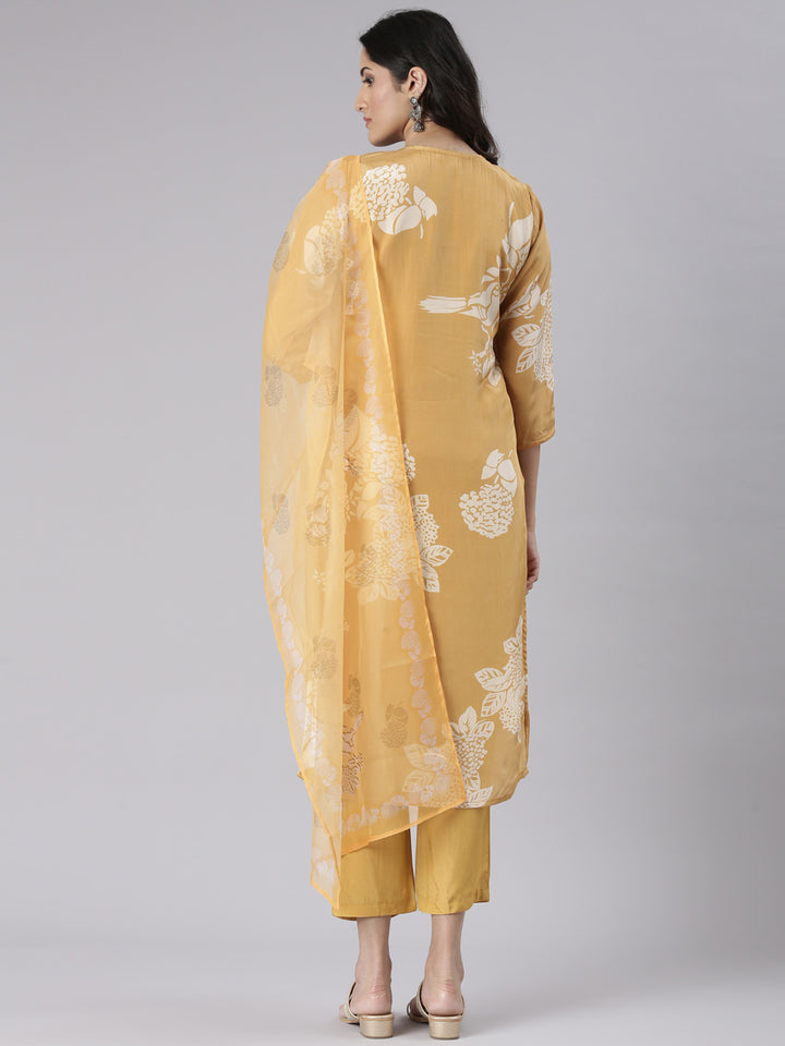 Neerus Mustard Solid Straight Kurta and Trousers With Dupatta