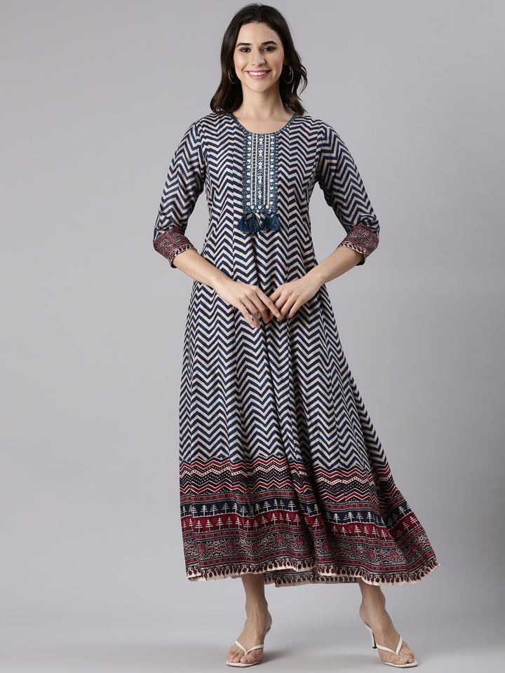 Navy Blue Silk Long Anarkali Kurta