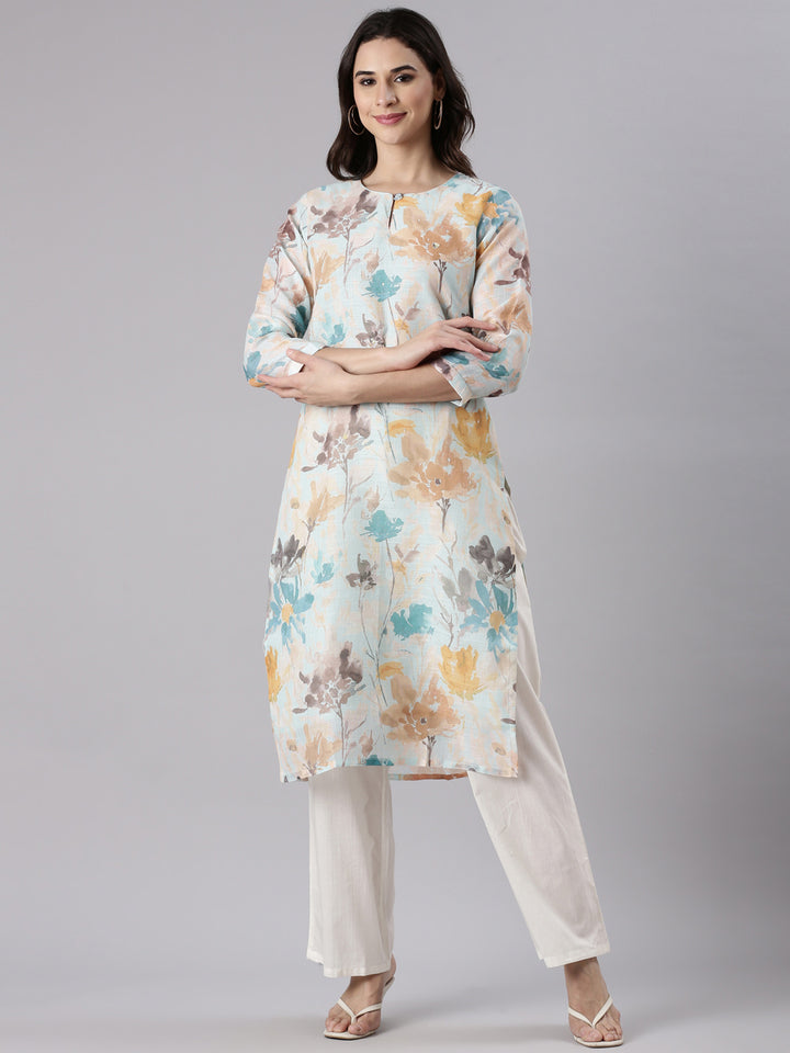 Aqua Linen Printed Kurta
