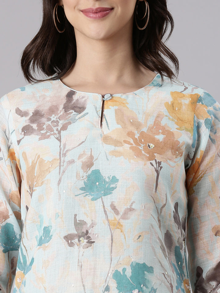 Aqua Linen Printed Kurta