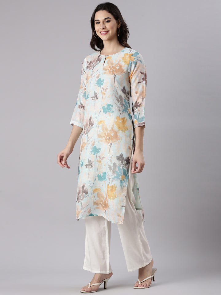 Aqua Linen Printed Kurta