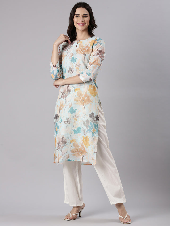Aqua Linen Printed Kurta
