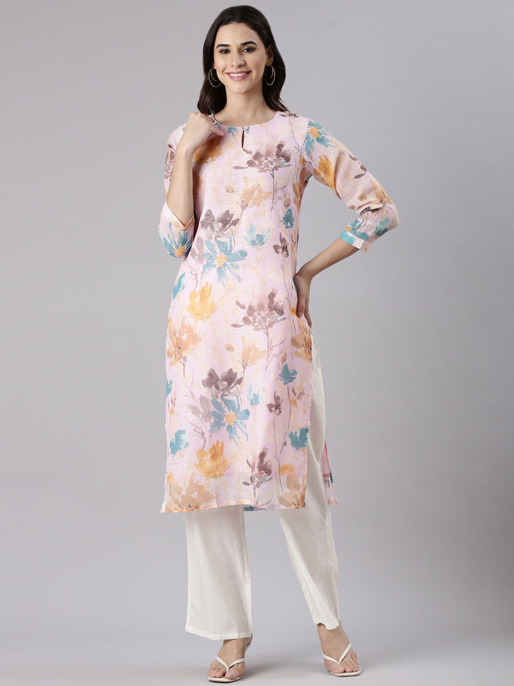 Baby Pink Linen Printed Kurta