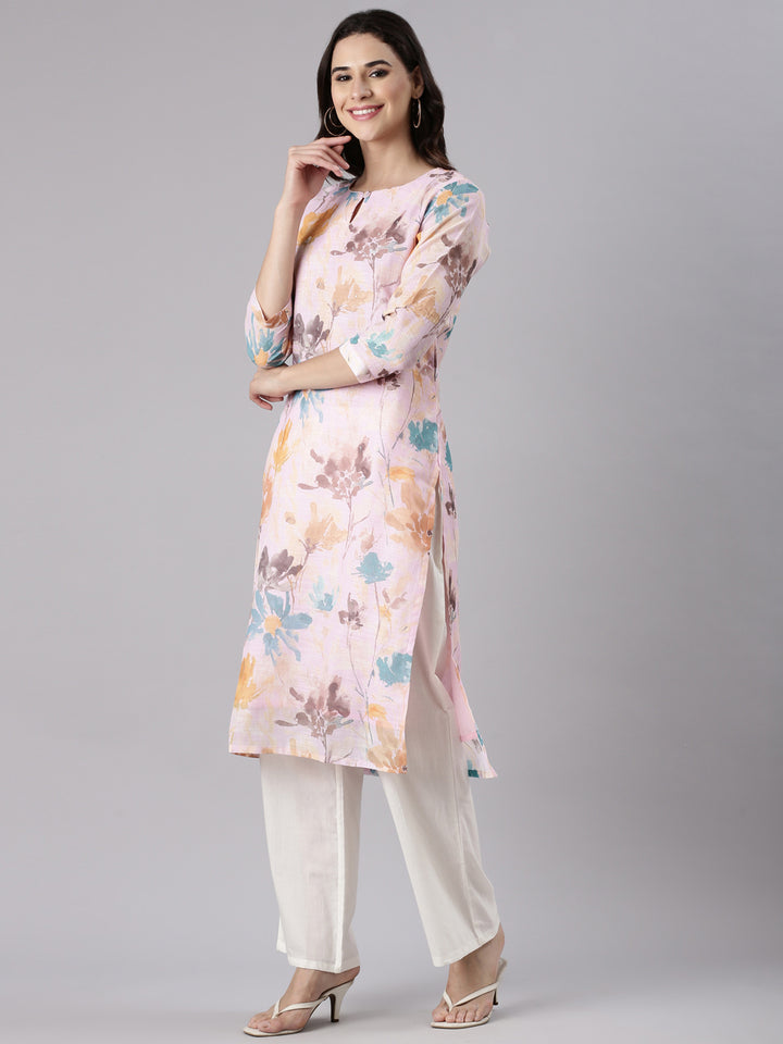 Baby Pink Linen Printed Kurta