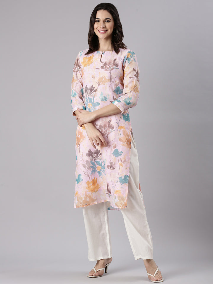 Baby Pink Linen Printed Kurta