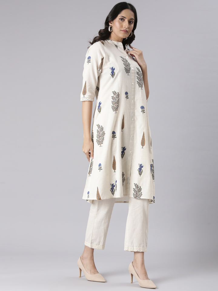 Neerus Cream Solid Straight Kurta and Trousers