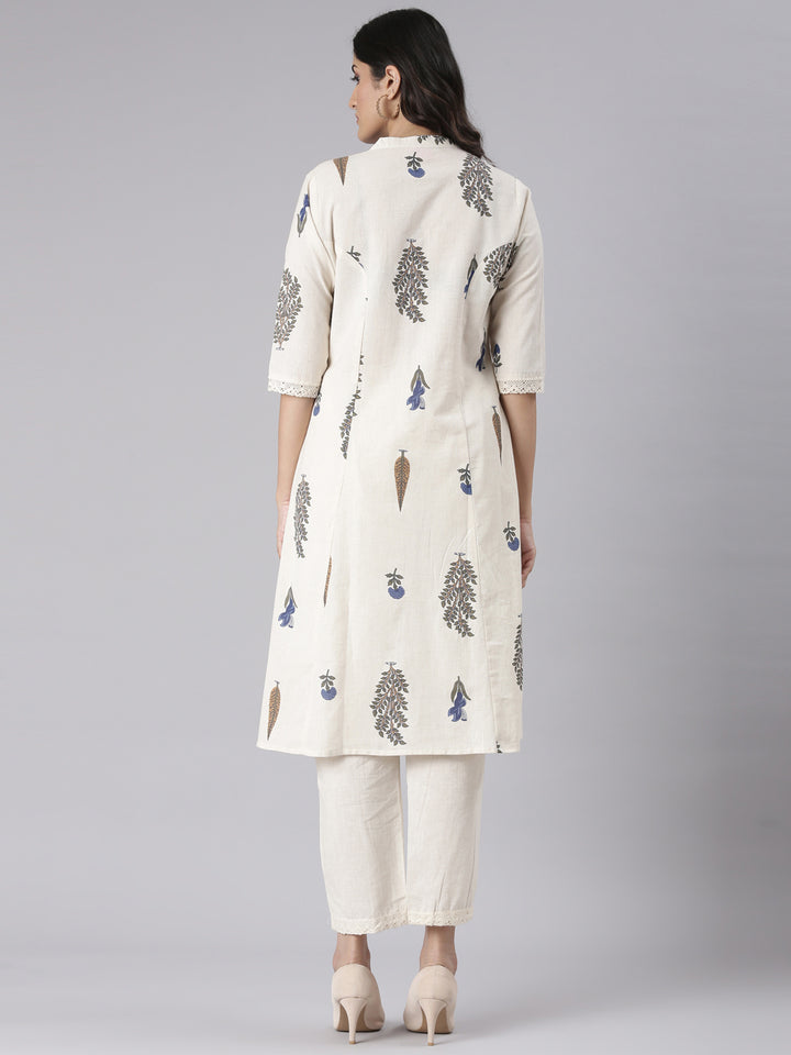 Neerus Cream Solid Straight Kurta and Trousers