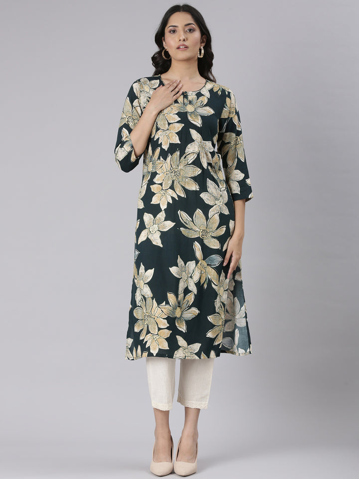 Neerus Green Casual Floral Straight Kurtas