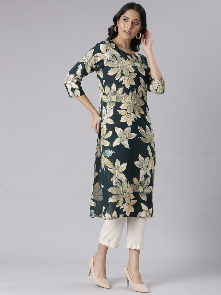 Neerus Green Casual Floral Straight Kurtas