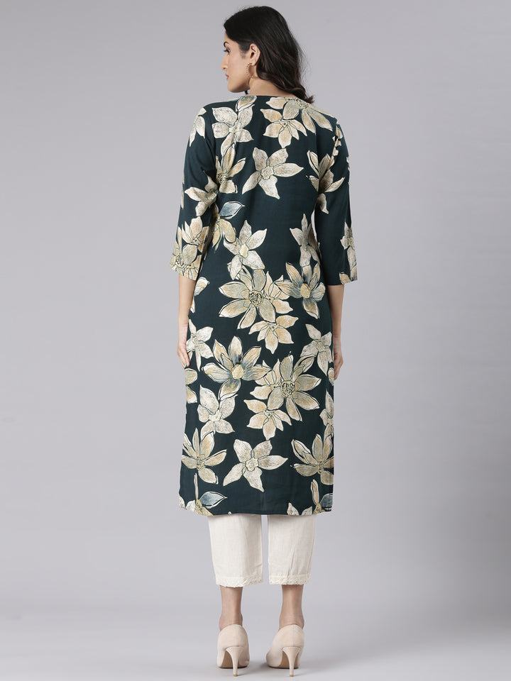 Neerus Green Casual Floral Straight Kurtas