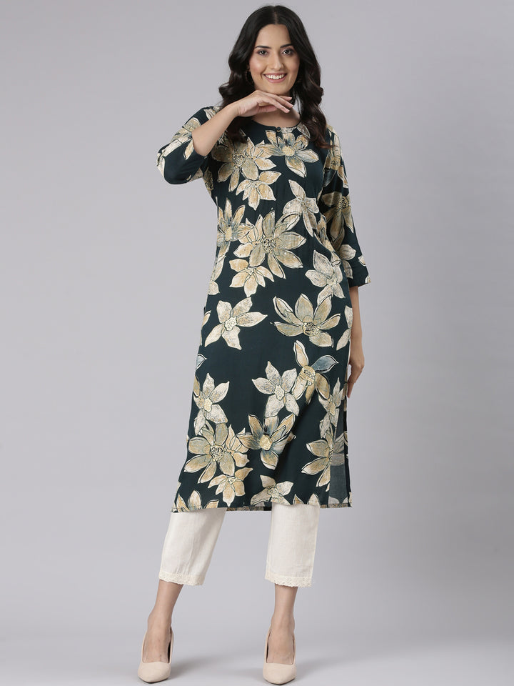 Neerus Green Casual Floral Straight Kurtas
