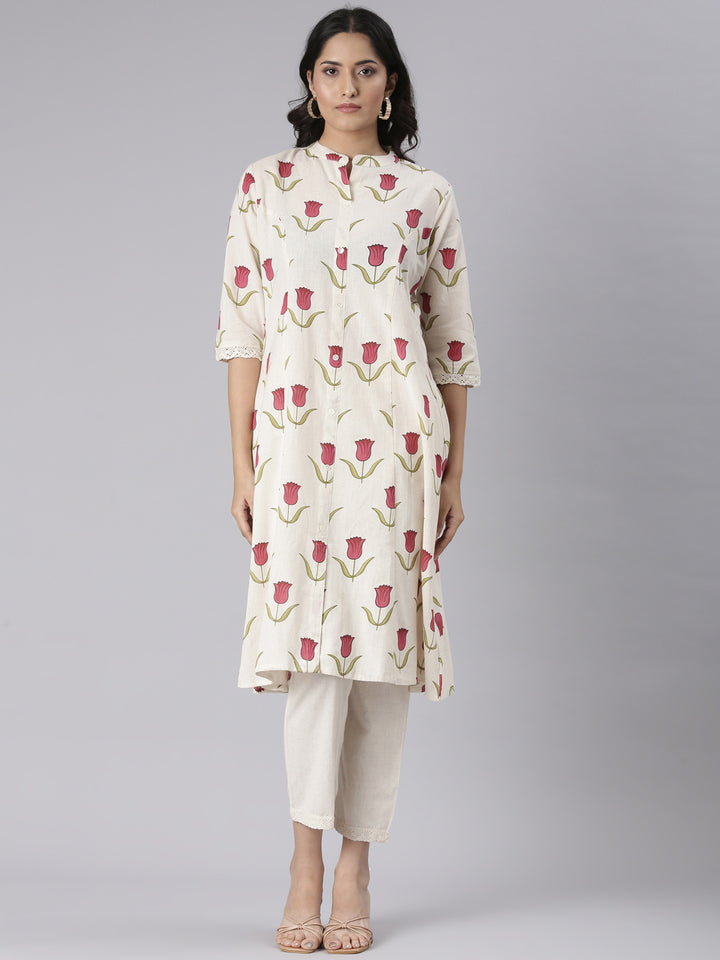 Neerus Cream Solid Straight Kurta and Trousers