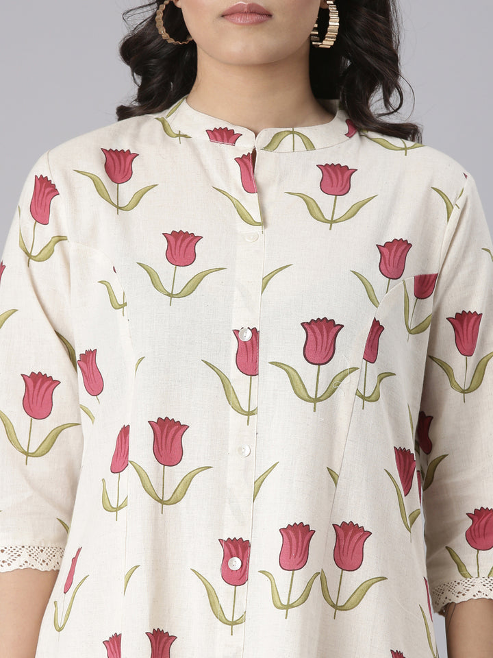 Neerus Cream Solid Straight Kurta and Trousers