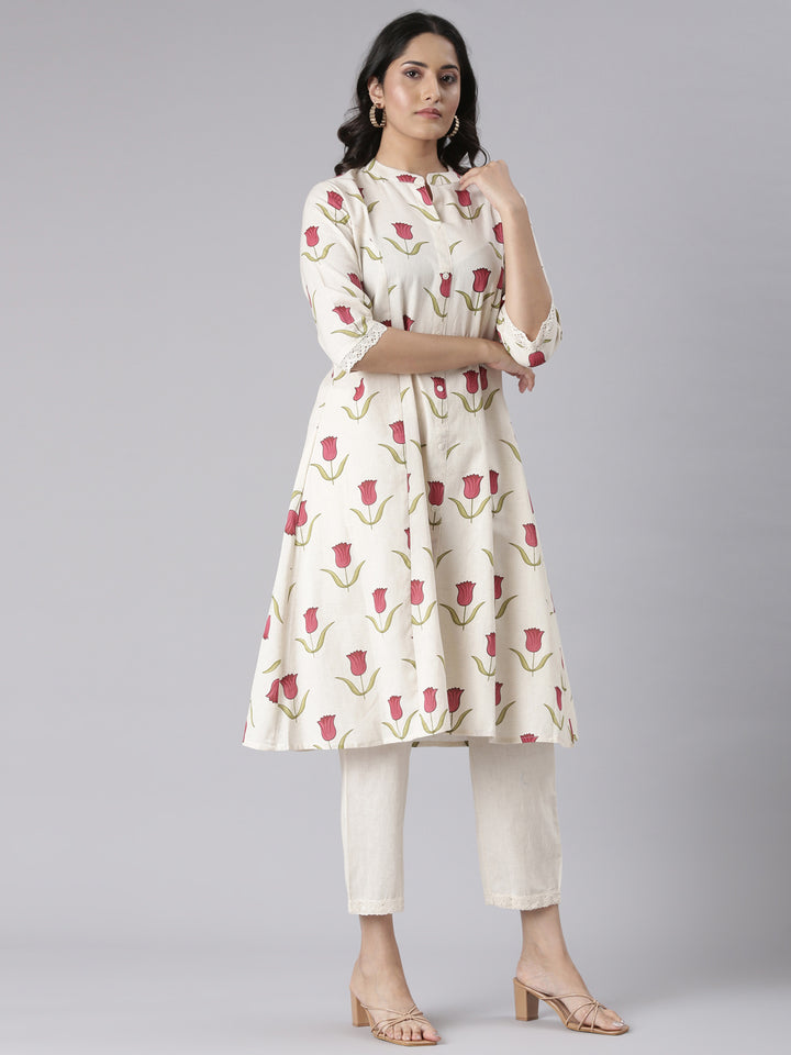 Neerus Cream Solid Straight Kurta and Trousers