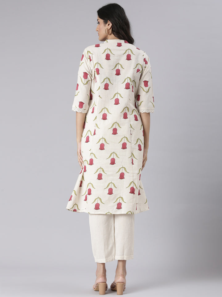 Neerus Cream Solid Straight Kurta and Trousers