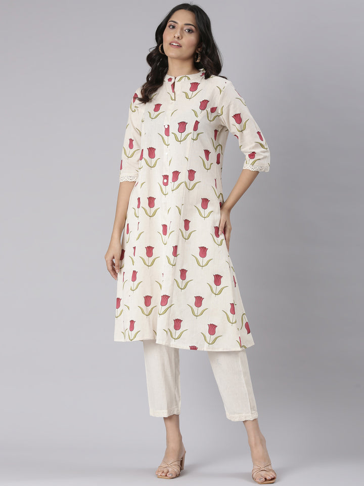 Neerus Cream Solid Straight Kurta and Trousers