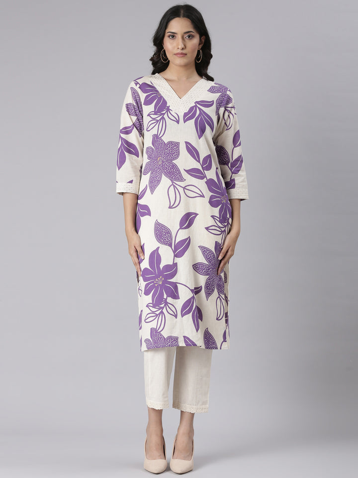 Neerus Purple Printed Straight Kurta and Trousers