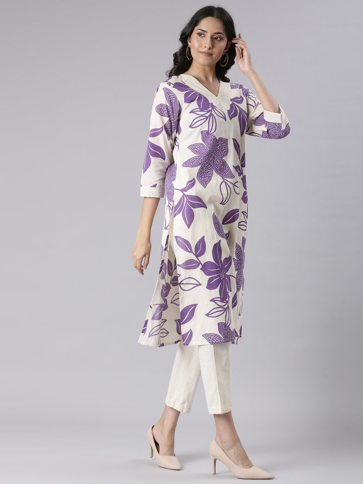 Neerus Purple Printed Straight Kurta and Trousers