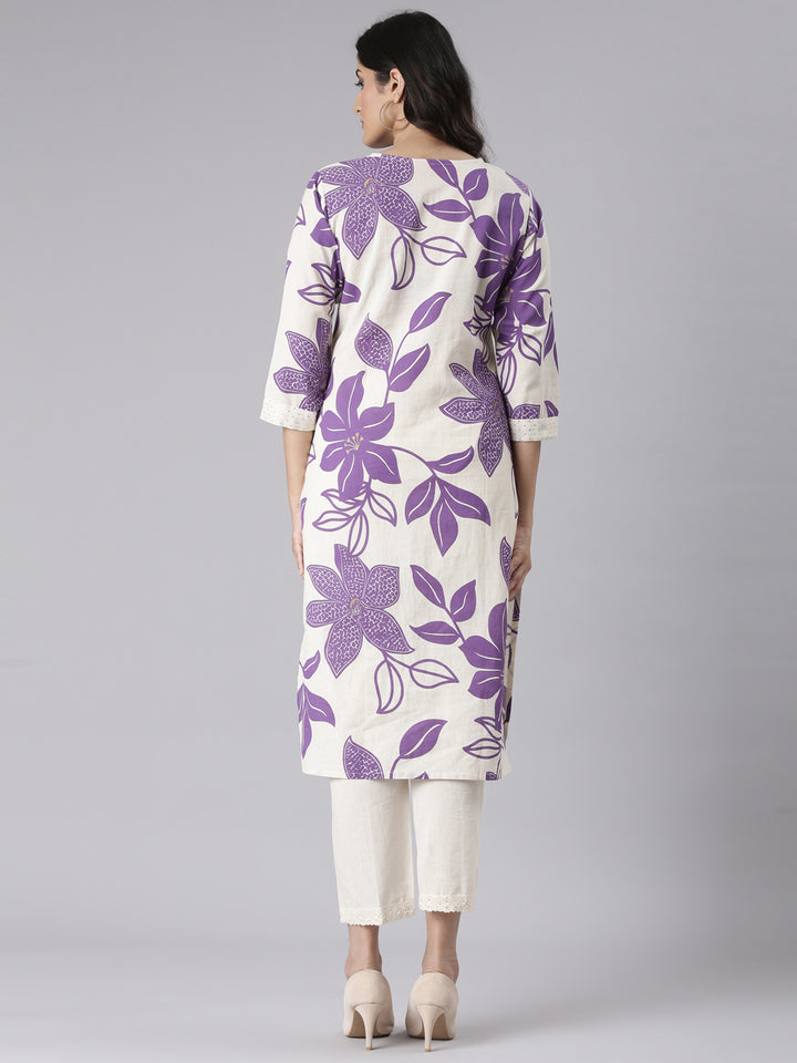 Neerus Purple Printed Straight Kurta and Trousers