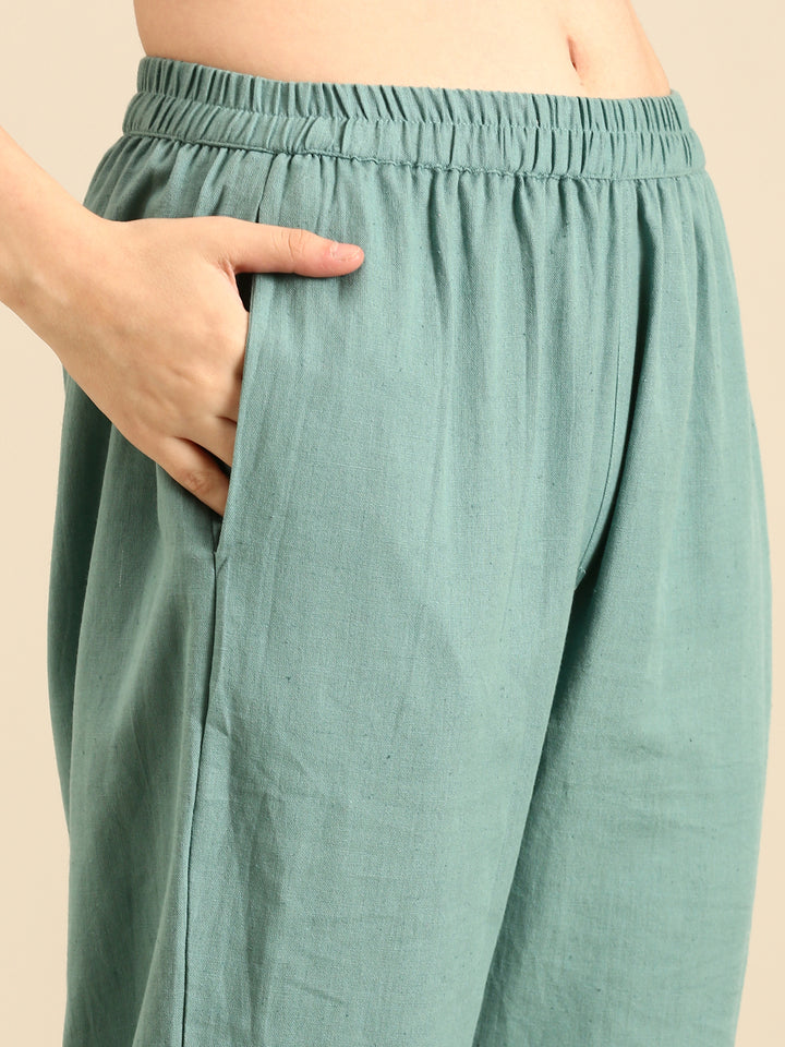 Mint green linen thread embroidery two piece suit set