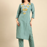 Mint green linen thread embroidery two piece suit set