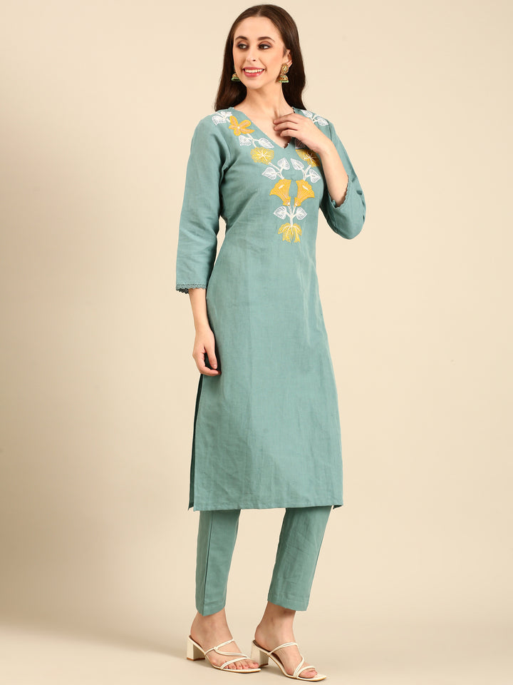 Mint green linen thread embroidery two piece suit set