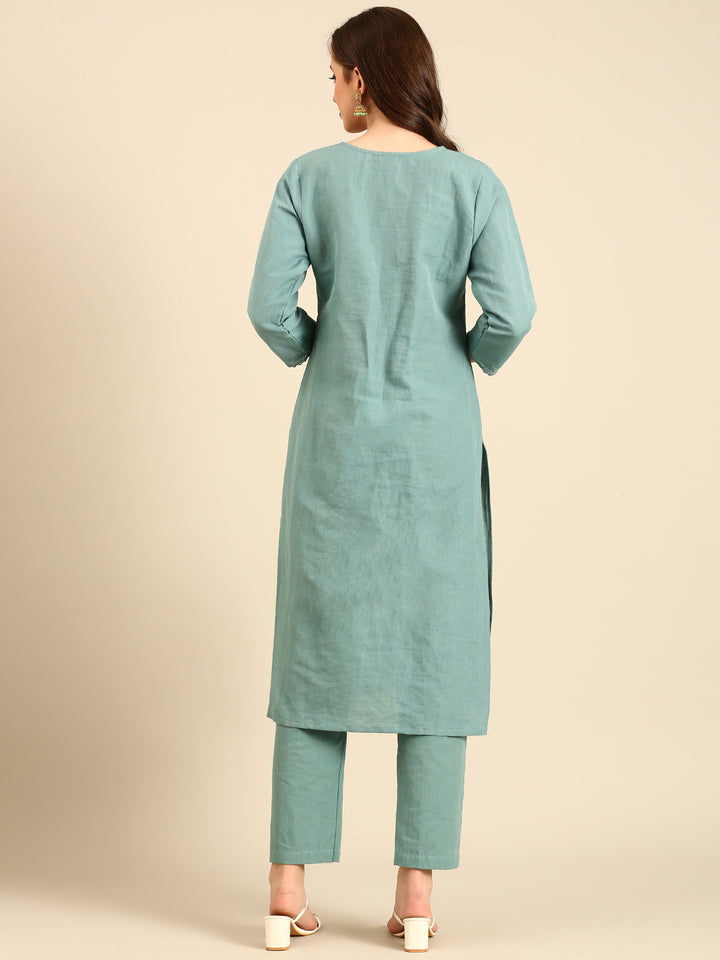 Mint green linen thread embroidery two piece suit set