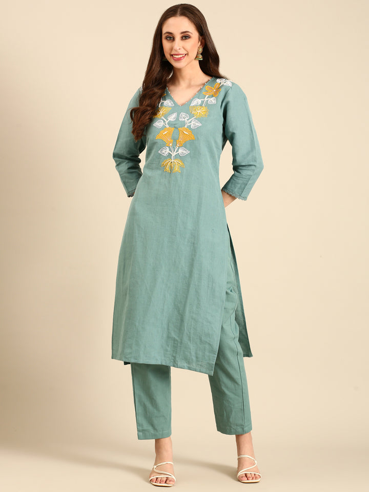 Mint green linen thread embroidery two piece suit set
