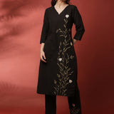 Black linen thread embroidery two piece suit set